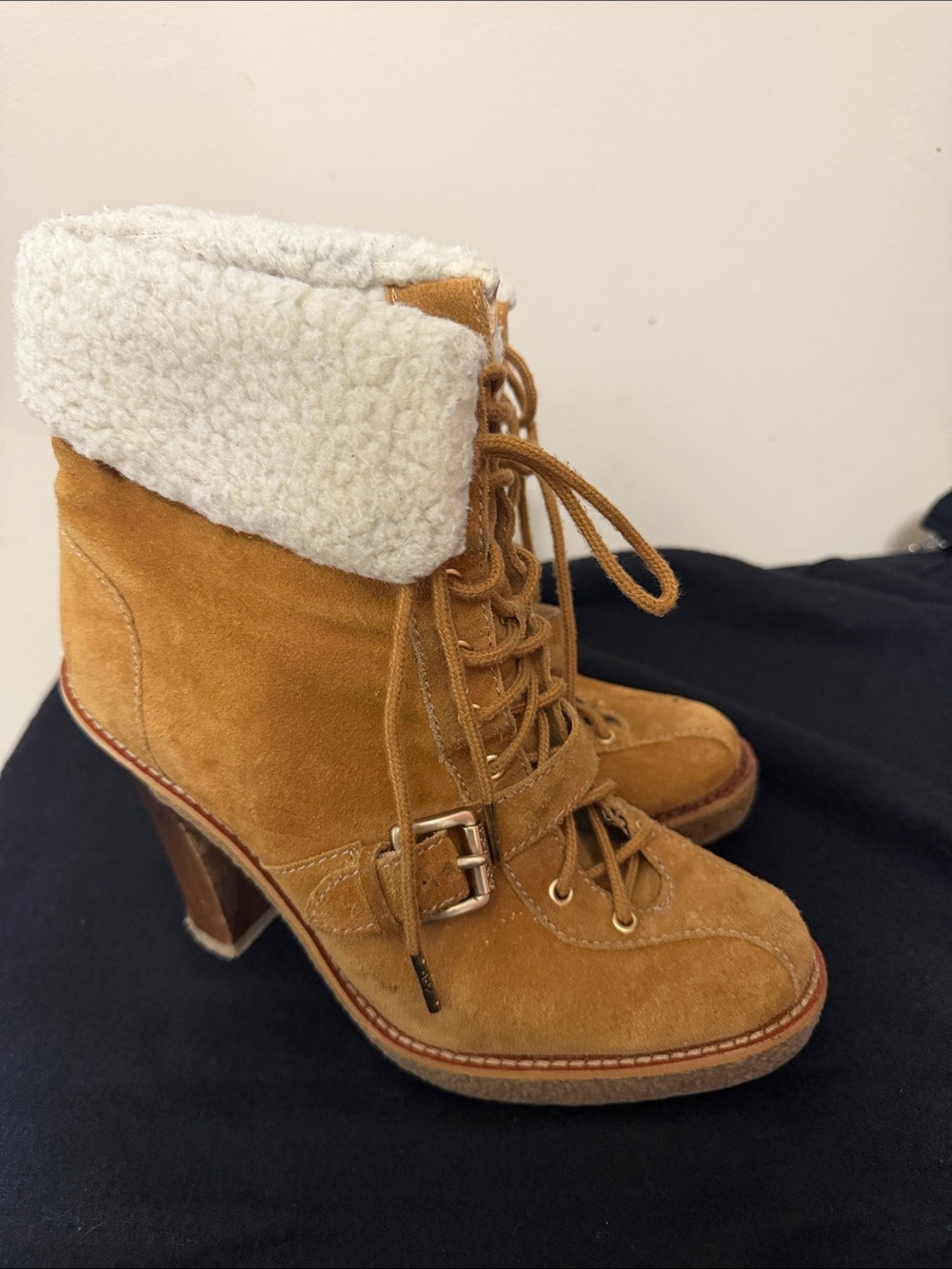 Michael Kors Tan Suede Lace-Up Heeled Boot with Cream Shearling Cuff